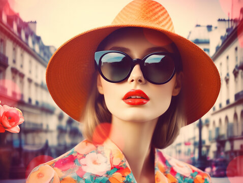 Fashion woman wearing trendy sunglasses and in a straw hat. Retro style 60s style girl and in a hat, Paris, summer. Generative AI