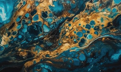 Abstract paint background by deep blue and gold color with liquid fluid texture in luxury concept, generative AI