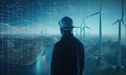 Engineer using AI Artificial Intelligence to inspect wind turbine by examining the quality, generative AI