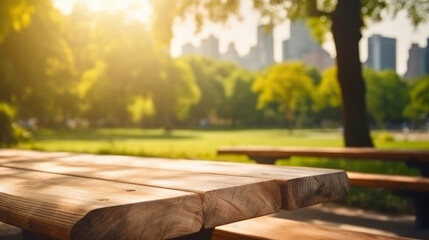 Fototapeta premium Empty wooden table with blurred city park on background, natural background with bokeh / spring concept. Generative AI