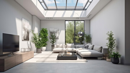 Fototapeta na wymiar Interior Design, living room with large windows and natural light. Generative AI