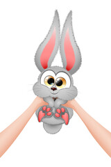 Cute fluffy little gray cartoon rabbit in the human hands. Birthday, gift, family, pet adopt concept.