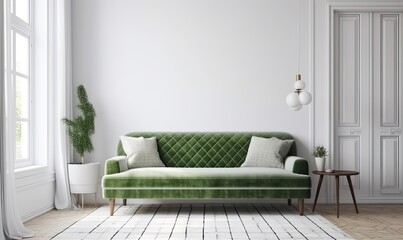 Home interior background layout, green sofa, modern space concept, 3d rendering, illustration, generative AI