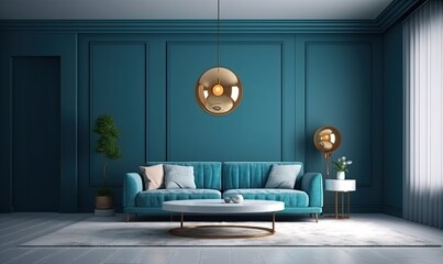 Minimal living room and blue wall texture background interior design, generative AI