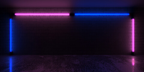 Purple and Blue Neon Lights on Dark Brick Wall