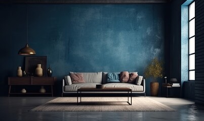Minimal living room and blue wall texture background interior design, generative AI