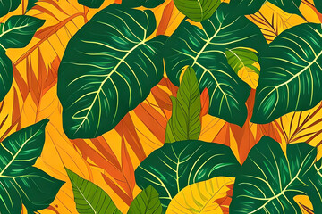 pattern with Tropical Leaves, Bring the jungle to your summer with a pattern of lush tropical leaves in shades of green, yellow, and orange