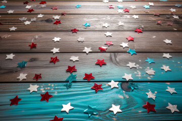 Fototapeta premium Independence Day background - red white and blue stars confetti on a wood, Generative AI