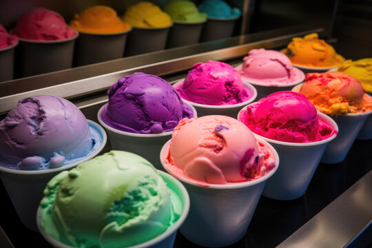 Assorted of scoops ice cream. Colorful set of ice cream of different flavours. Generative AI