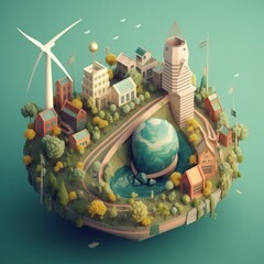 nvironment protection. Green cities, ecologic city. Generative AI. Papercut style. Clean energy, water protection, wildlife protection, global ecology concept. 