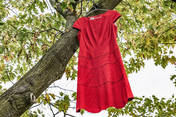 BURLINGTON, ONTARIO, CANADA - JUNE 28, 2019: A red dress hangs in a tree in Spencer Smith park as...