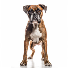 This charming Boxer dog is the epitome of grace and poise, captured perfectly in this stunning photograph. Its sleek, muscular build and square jawline give it a sense of power and strength, while its