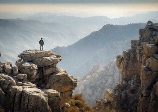 Solitary Figure Silhouette Standing atop a Rocky Mountain. Journey to the Top of the World. Generative AI.