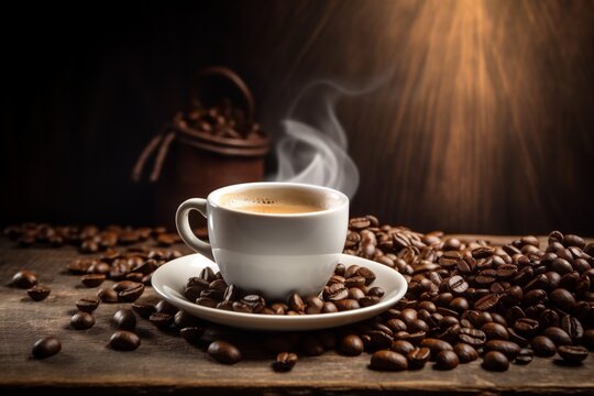 morning espresso brown breakfast aroma mug bean cup cafe drink. Generative AI. © SHOTPRIME STUDIO