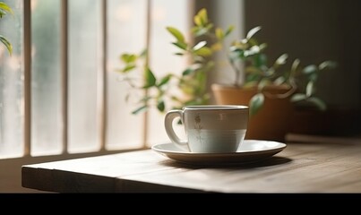 Fototapeta na wymiar Soft focus of white coffee cup with small trees and green leaf in vase on wooden table near bright window, generative AI