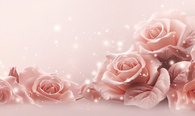 Soft roses banner or header design background in light pink tone with glitters, generative AI