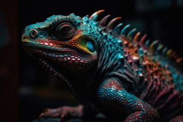 Amazing psychedlic neon, emotional, Marine iguana. Generative AI