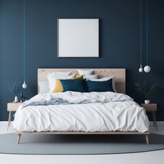 Fototapeta na wymiar Blank wooden frame mockup on the wall and a centered bed in a trendy modern Scandinavian interior with blue color tones.