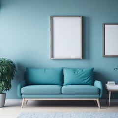 Blank wooden frame mockup on the wall and a centered bed in a trendy modern Scandinavian interior with cyan color tones.