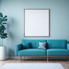 Blank wooden frame mockup on the wall and a centered bed in a trendy modern Scandinavian interior with cyan color tones.