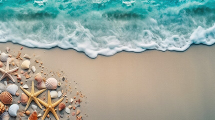 Fototapeta na wymiar Top view of a sandy beach with exotic seashells and starfish as natural textured background for aesthetic summer design. Generative AI