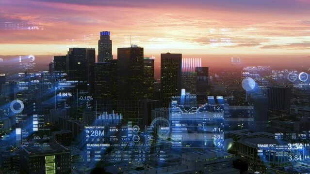 
Futuristic City Skyline. Big Data, Artificial Intelligence, Internet of Things. Aerial View of Los Angeles with Financial Charts and Data. Stock Exchange Figures. California, United States.
