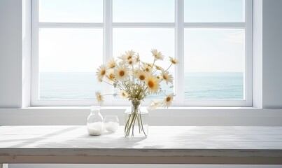 Table background of white color with window and summer time, generative AI