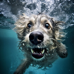 Happy dog portrait jumping taking a pool dive