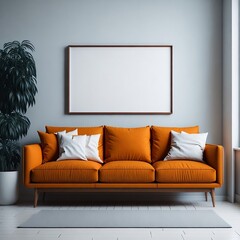 Blank wooden frame mockup on the wall and a centered sofa in a trendy modern Scandinavian interior with orange color tones.