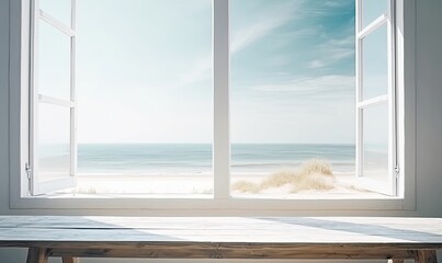 Table background of white color with window and summer time, generative AI