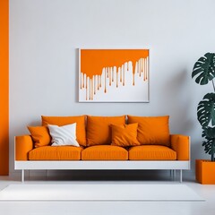 Blank wooden frame mockup on the wall and a centered sofa in a trendy modern Scandinavian interior with orange color tones.