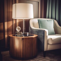 Luxury appartment or hotel room, chair and lamp, generative ai