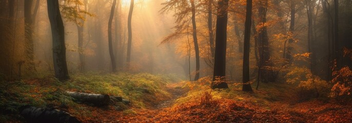 A calm and pristine forest with autumn leaves. Horizontal banner. AI generated
