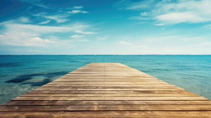 Naklejka premium Wooden Pier Blue Sea Sky Background. Generative AI