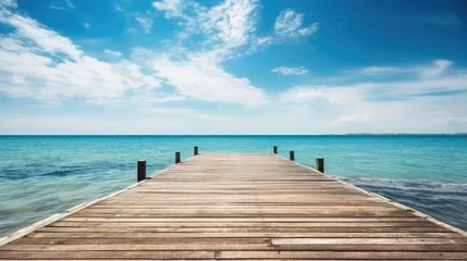 Poster Wooden pier with blue sea and sky background. Generative AI © Andrii 