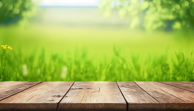 Beautiful spring green landscape background with empty wooden table for product display, blurred nature background, copy space, Generatice AI