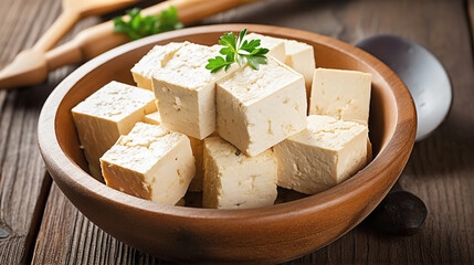 tofu cubes with herbs in a bowl
