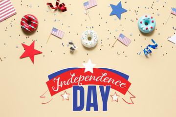 Greeting card for USA Independence Day with donuts and American flags on beige background