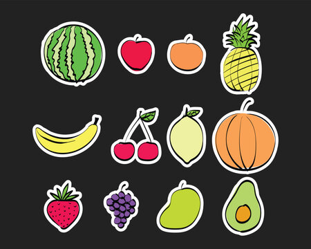 Set of fruits flat vector design. Colorful and different kind of fruits in hand drawn style. Fruit stickers flat vector template. Suitable for cooking, food, or gardening related illustration.