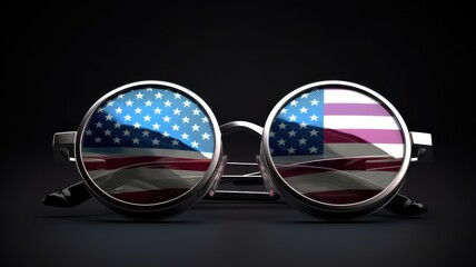 Naklejka na ściany i meble blue sunglasses on a blue background with red and white american flag design. Generative AI