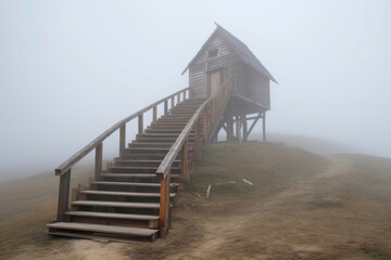 Wooden stairs lead to the hut. Generative AI