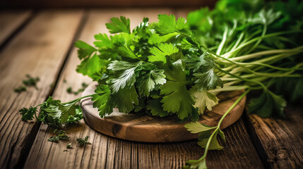 fresh cilantro herbs on wooden table