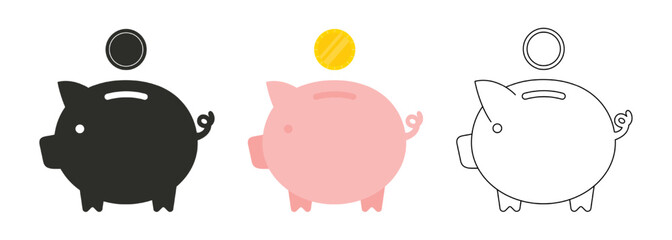 Piggy bank icon. Piggy bank saving money icon in different style. Baby pig piggy bank. Vector flat illustration