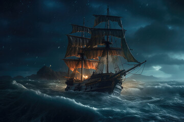 A large wooden ship with sails in a stormy sea with big waves. Generative AI