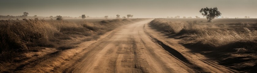 Fototapeta na wymiar A dusty road leading to vast horizons. Horizontal banner. AI generated