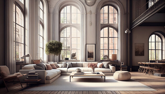 Downtown New York City Lower Manhattan Skyline loft living room. High Floor Window. Beautiful Expensive Real Estate. Financial district. Generative AI