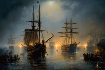 Sailing ships in a crowded busy harbor at dusk. Generative AI