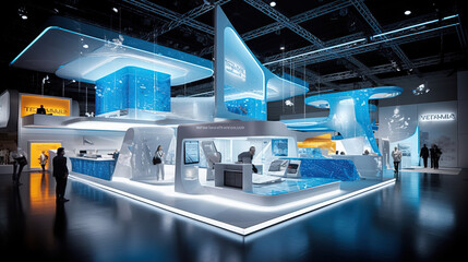 Commercial stand in an exhibition hall or a large professional salon ready to receive brands and advertisements Generative AI