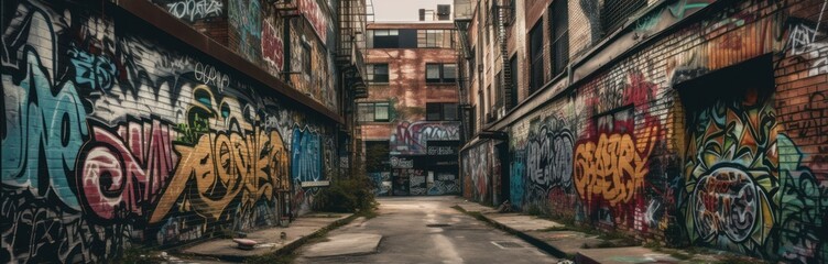 Fototapeta na wymiar A gritty and industrial neighborhood with graffiti. Horizontal banner. AI generated