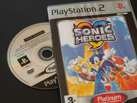 Play Station 2 slim box with Sonic Heroes game DVD. PS2 is a 128 bit video game console by Sony. Copenhagen, Denmark - May 7, 2023.